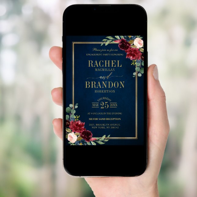 Burgundy Floral Gold Navy Blue Rustic Engagement Invitation (Front Digital)