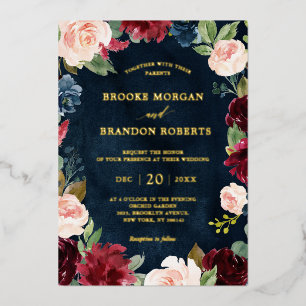 Burgundy Floral Gold Navy Blue Rustic Wedding Foil Invitation