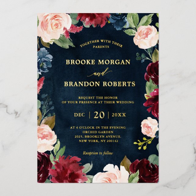 Burgundy Floral Gold Navy Blue Rustic Wedding Foil Invitation (Front)
