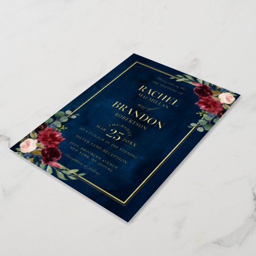 Burgundy Floral Gold Navy Blue Rustic Wedding Foil Invitation Zazzle 7603