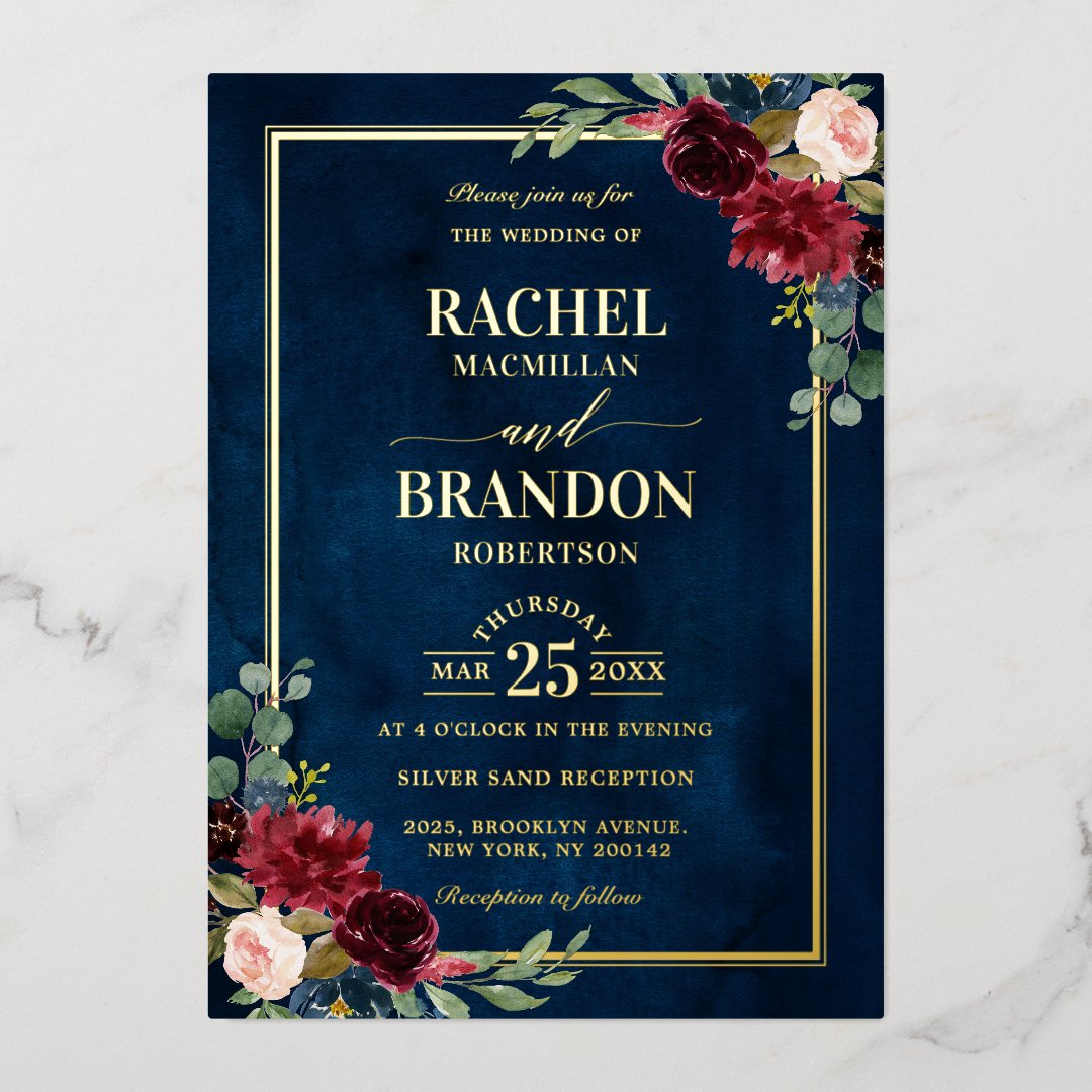 Burgundy Floral Gold Navy Blue Rustic Wedding Foil Invitation | Zazzle