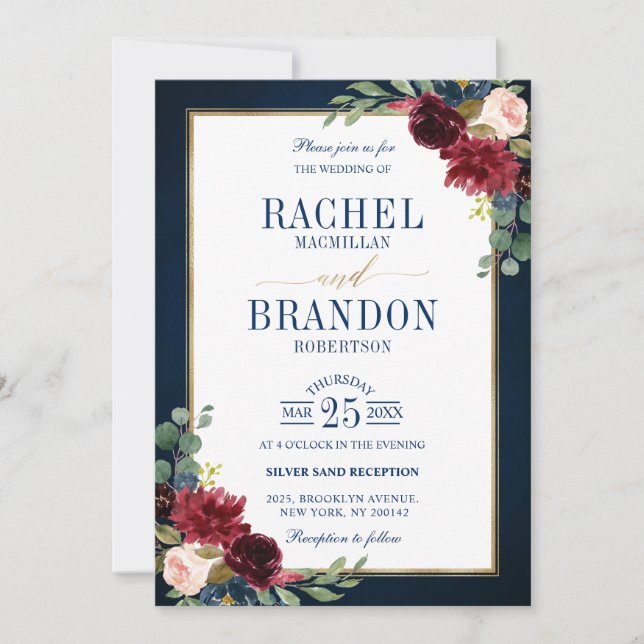 Burgundy Floral Gold Navy Blue Rustic Wedding Invi Invitation (Front)