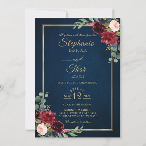 Burgundy Floral Gold Navy Blue Rustic Wedding Invi Invitation