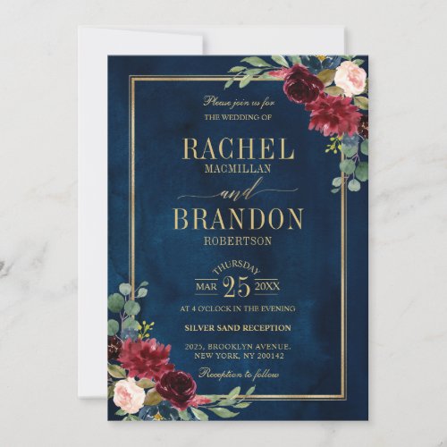 Burgundy Floral Gold Navy Blue Rustic Wedding Invitation