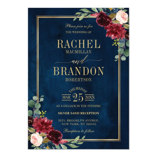 Burgundy Floral Gold Navy Blue Rustic Wedding Invitation ...