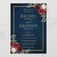 Burgundy Floral Gold Navy Blue Rustic Wedding Invitation
