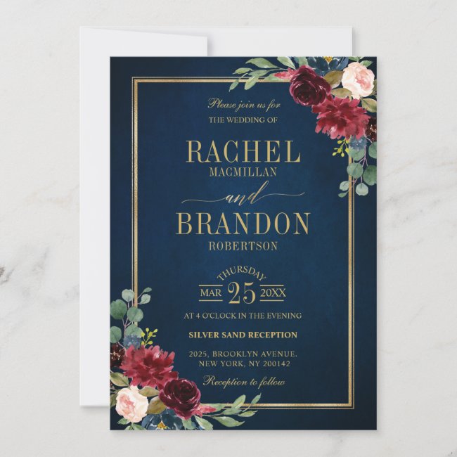 Burgundy Floral Gold Navy Blue Rustic Wedding Invitation