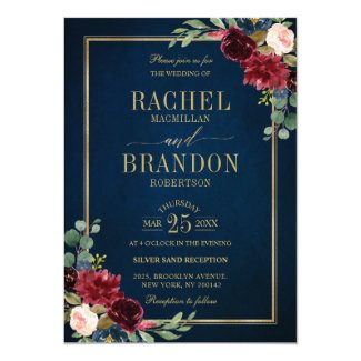 Burgundy Floral Gold Navy Blue Rustic Wedding Invitation