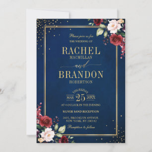 Burgundy Floral Gold Navy Blue Rustic Wedding Invitation