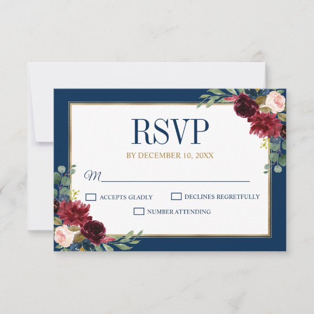 Burgundy Floral Gold Navy Blue Rustic Wedding RSVP Card (Front)