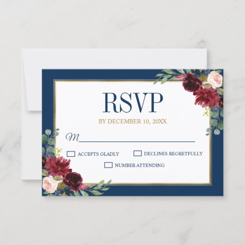 Burgundy Floral Gold Navy Blue Rustic Wedding RSVP Card