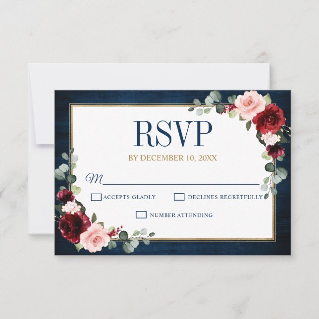 Burgundy Floral Gold Navy Blue Rustic Wedding RSVP Card (Front)
