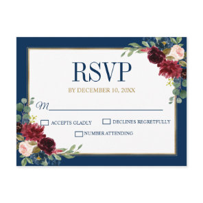 Burgundy Floral Gold Navy Blue Rustic Wedding RSVP Postcard