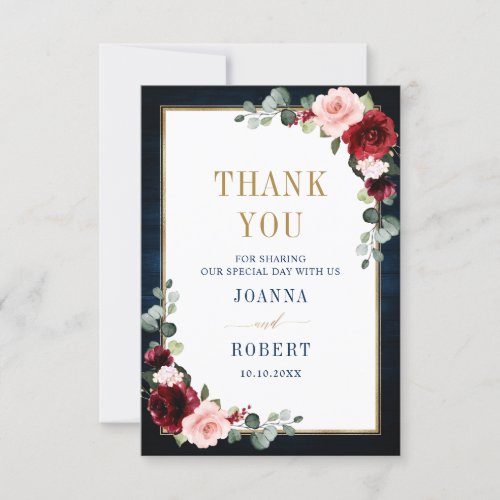 Burgundy Floral Gold Navy Blue Rustic Wedding Than Thank You Card