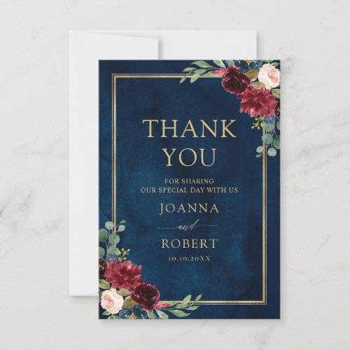 Burgundy Floral Gold Navy Blue Rustic Wedding Thank You Card