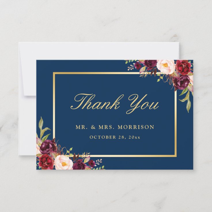 Burgundy Floral Gold Navy Blue Thank You Card | Zazzle