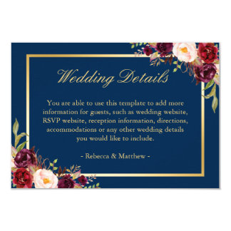 Burgundy Floral Gold Navy Blue Wedding Details Card