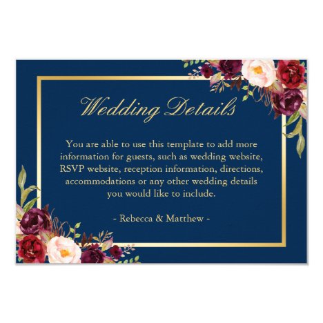 Burgundy Floral Gold Navy Blue Wedding Details Card