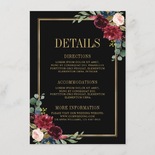 Burgundy Floral Gold Navy Blue Wedding Details Enc Enclosure Card