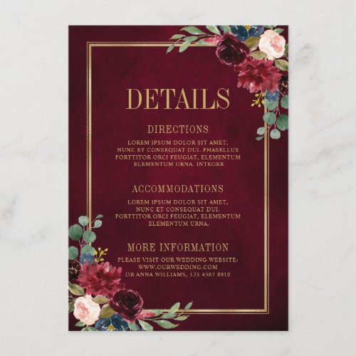 Burgundy Floral Gold Navy Blue Wedding Details Enc Enclosure Card