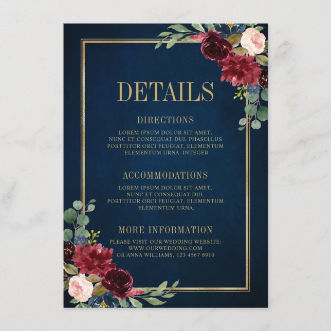 Burgundy Floral Gold Navy Blue Wedding Details Enclosure Card (Front)