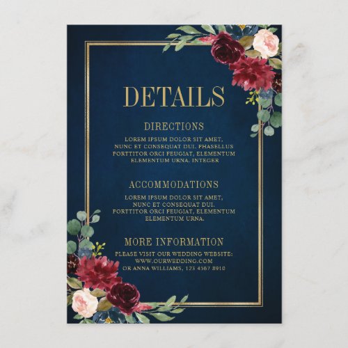 Burgundy Floral Gold Navy Blue Wedding Details Enclosure Card