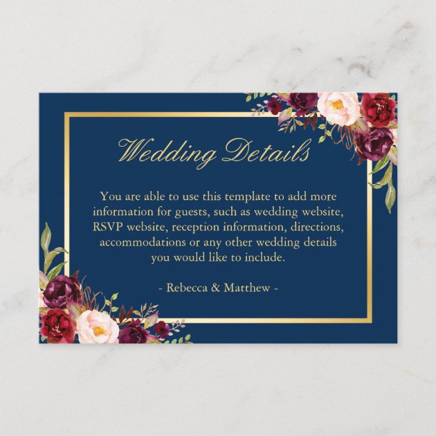 Burgundy Floral Gold Navy Blue Wedding Details Enclosure Card