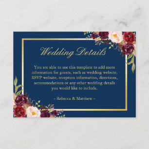 Burgundy Floral Gold Navy Blue Wedding Details Enclosure Card
