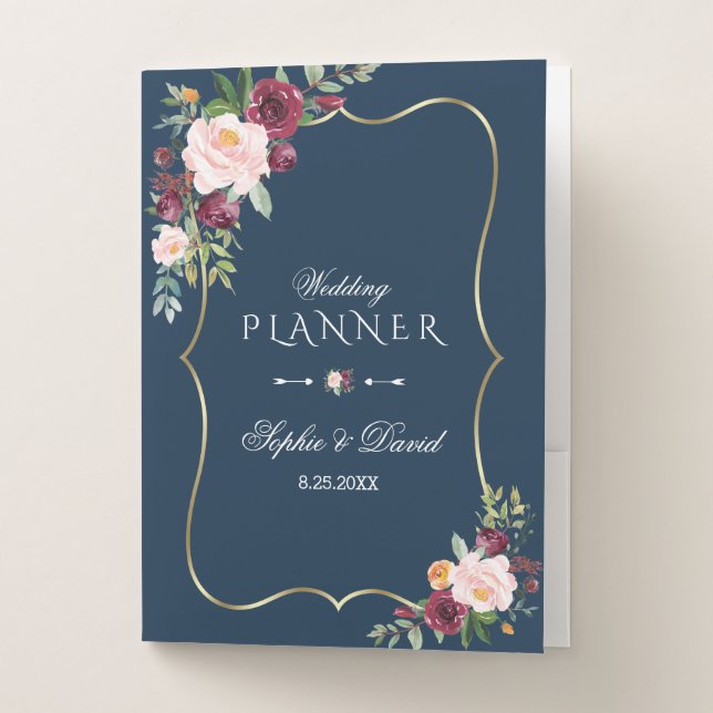 Burgundy Floral Gold Navy Blue Wedding Planner Pocket Folder (Front)