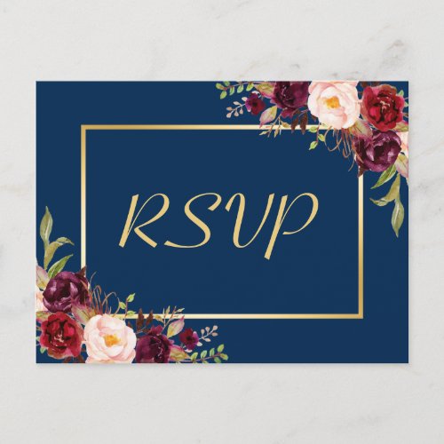 Burgundy Floral Gold Navy Blue Wedding RSVP Reply Invitation Postcard