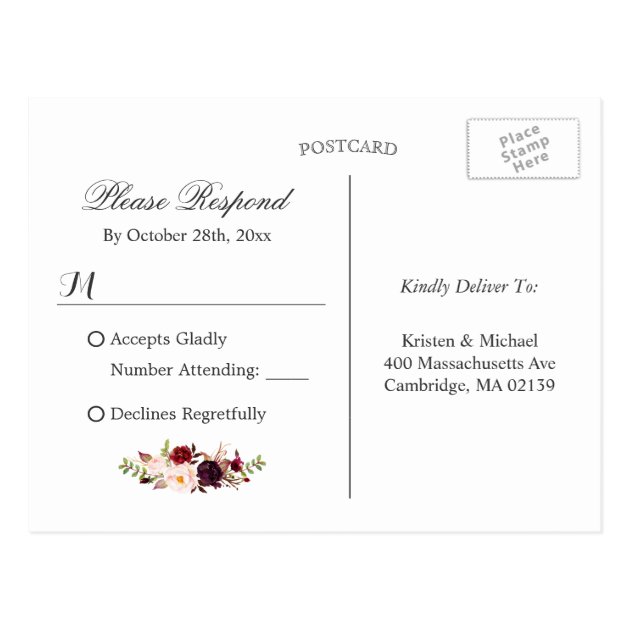 Burgundy Floral Gold Navy Blue Wedding RSVP Reply Postcard