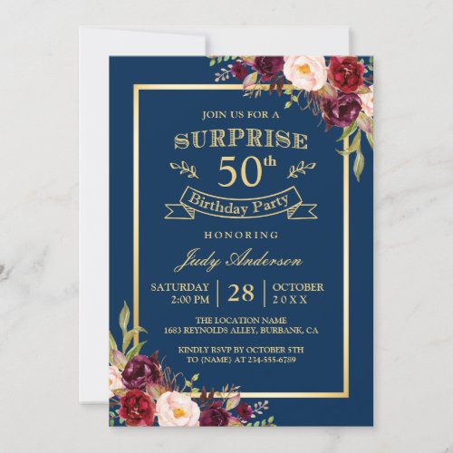 Burgundy Floral Gold Navy Surprise Birthday Party Invitation