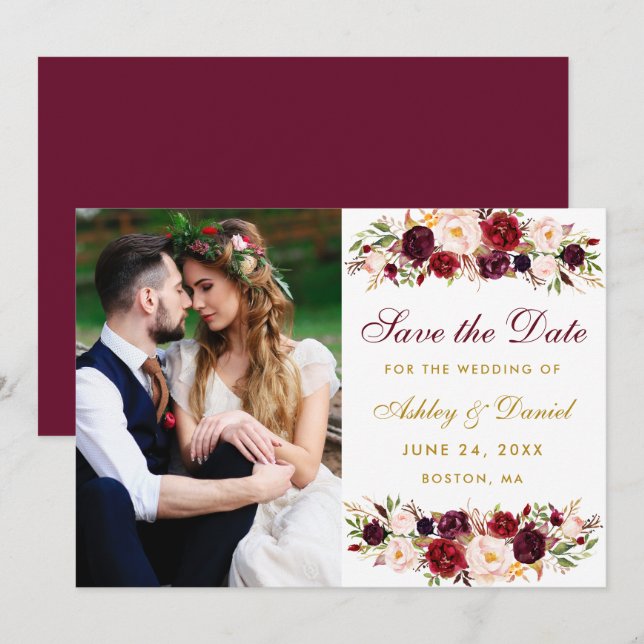 Burgundy Floral Gold Photo Save The Date (Front/Back)