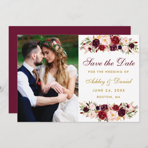 Burgundy Floral Gold Photo Save The Date