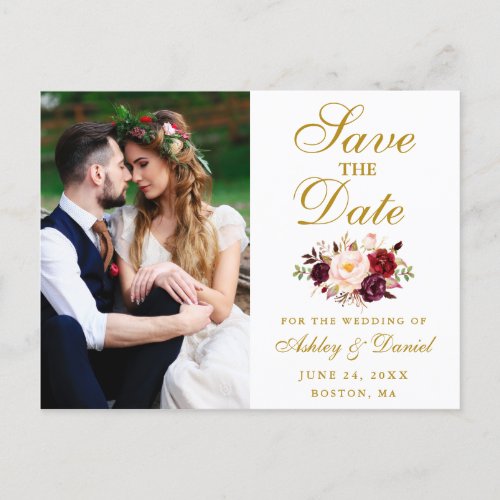 Burgundy Floral Gold Photo Save The Date Postcard