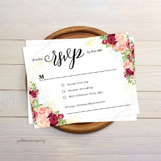 Burgundy Floral Gold Polygonal Geometric Wedding RSVP Card