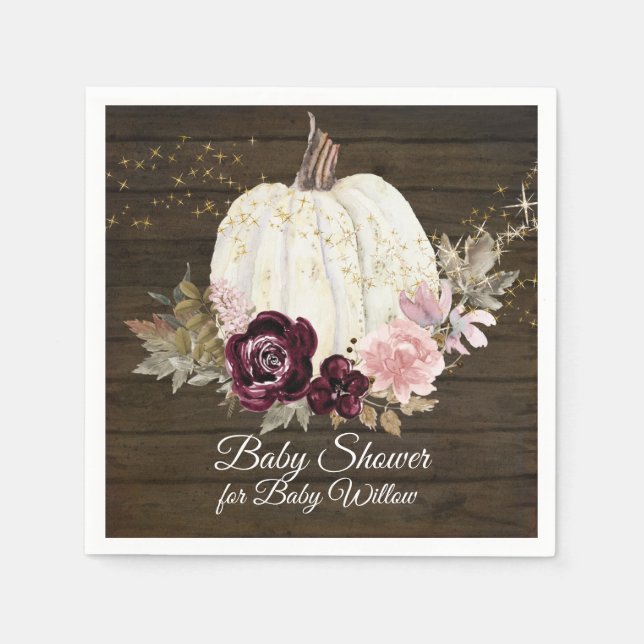 Burgundy Floral Gold Pumpkin Baby Shower Rustic Napkins (Front)