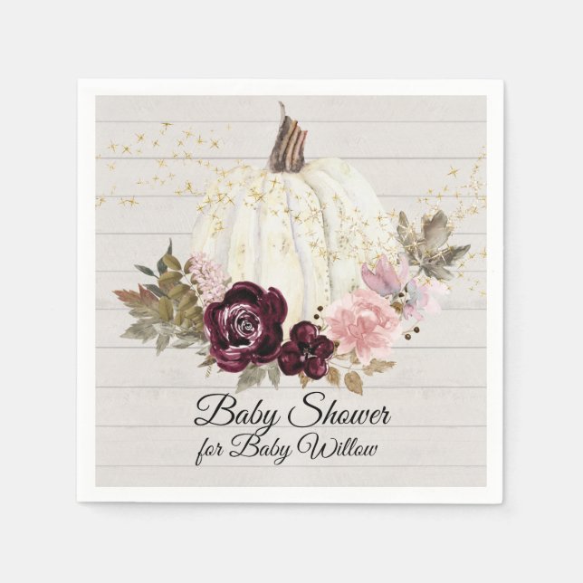 Burgundy Floral Gold Pumpkin Baby Shower Wood Napkins (Front)
