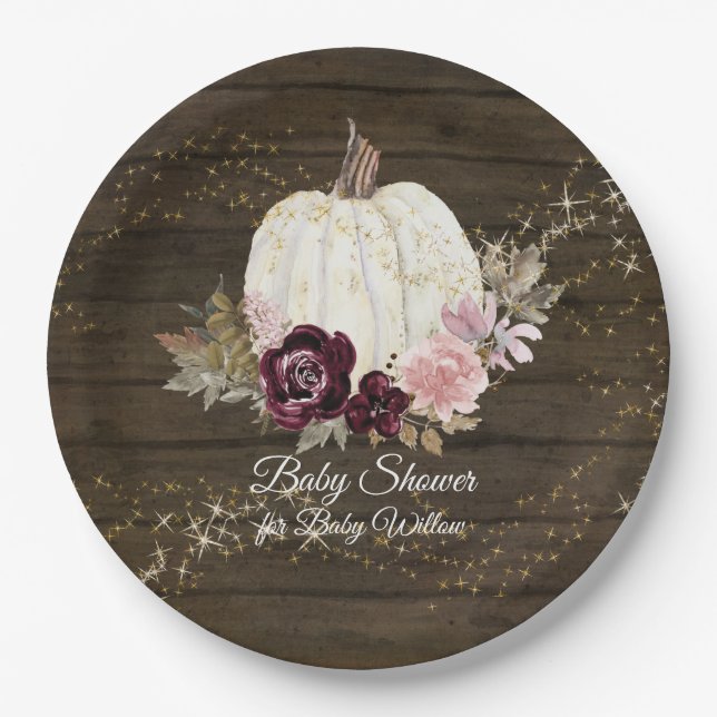 Burgundy Floral Gold Pumpkin Rustic Baby Shower Paper Plates (Front)