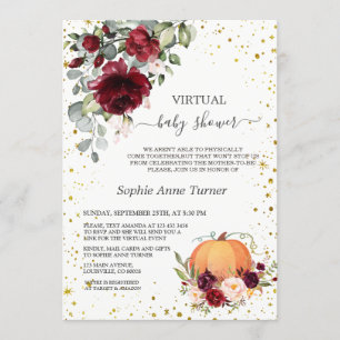 Burgundy Floral Gold Pumpkin Virtual Baby Shower Invitation