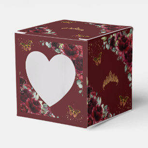 Burgundy Floral Gold Quinceanera 15 16 XV Mini Favor Boxes