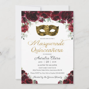 Burgundy Floral Gold Quinceañera Masquerade Mask Invitation