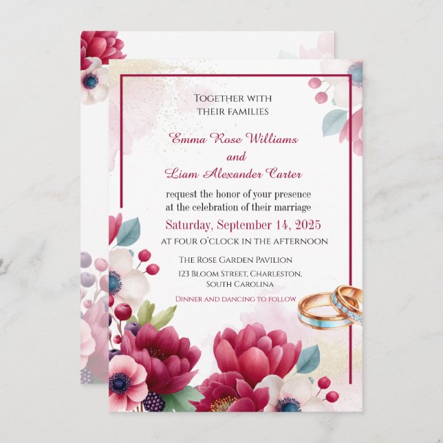 Burgundy Floral & Gold Rings Elegant Wedding Invit Invitation (Front/Back)