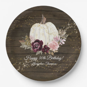Burgundy Floral Gold Rustic Pumpkin 30th Birthday Paper Plates