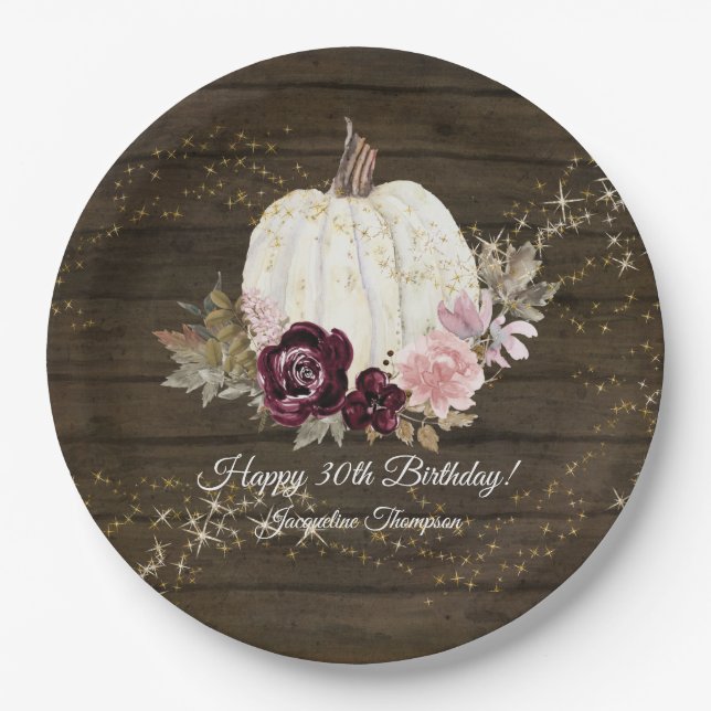 Burgundy Floral Gold Rustic Pumpkin 30th Birthday Paper Plates (Front)