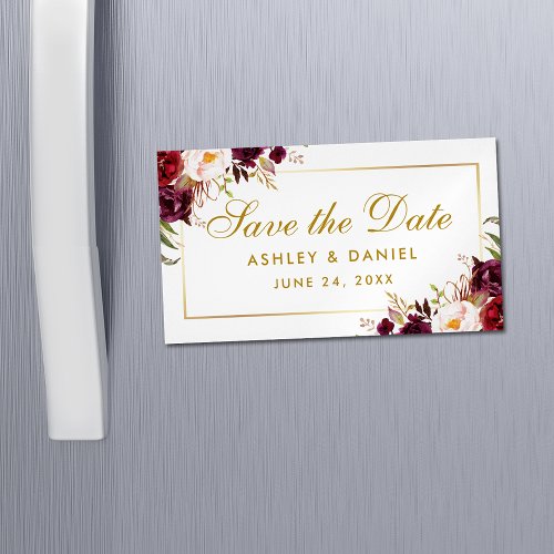 Burgundy Floral Gold Save The Date Mini Magnet