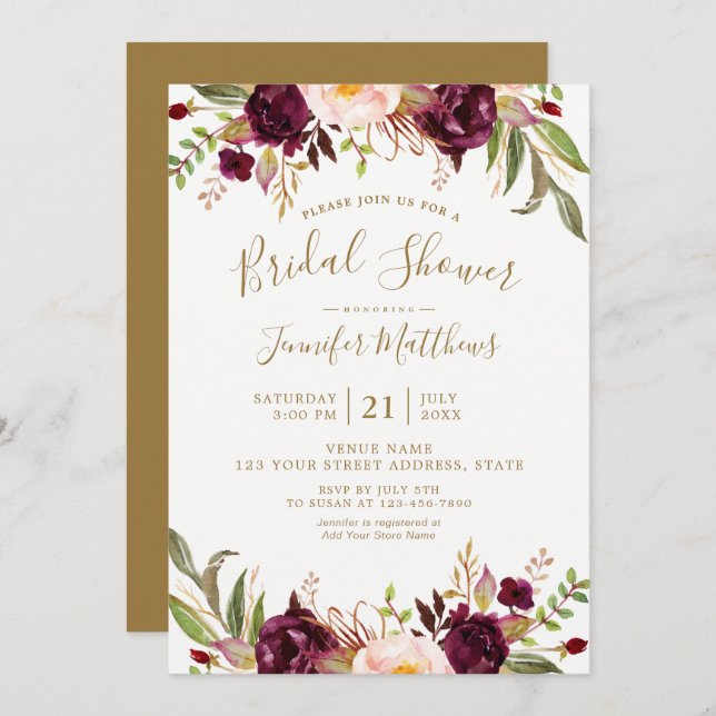 Burgundy Floral Gold Script Rustic Bridal Shower Invitation (Front/Back)