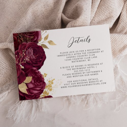 Burgundy Floral Gold Script Wedding Details  Enclosure Card