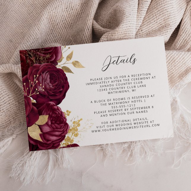 Burgundy Floral Gold Script Wedding Details  Enclosure Card (Creator Uploaded)