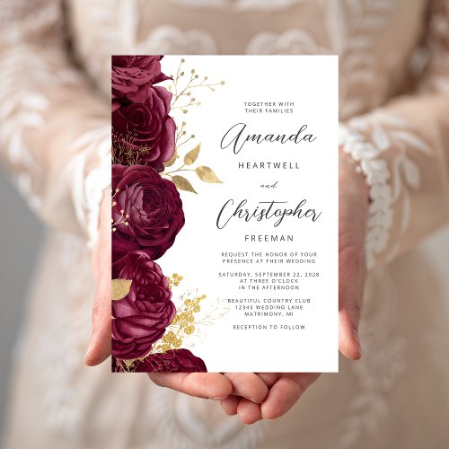 Burgundy Floral Gold Script Wedding Invitation